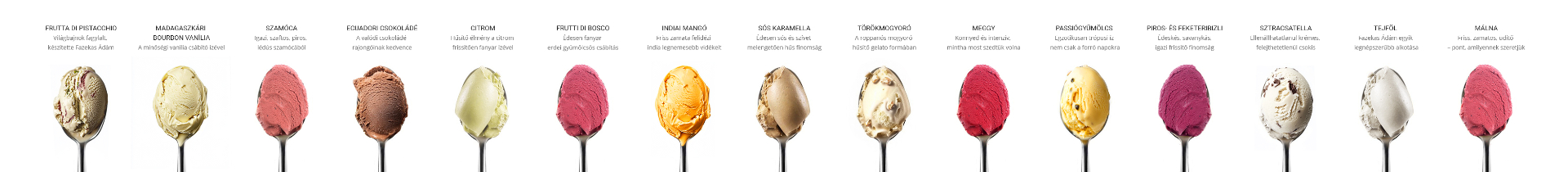 Panoramic display of NUANCE gelato flavours presented on silver spoons