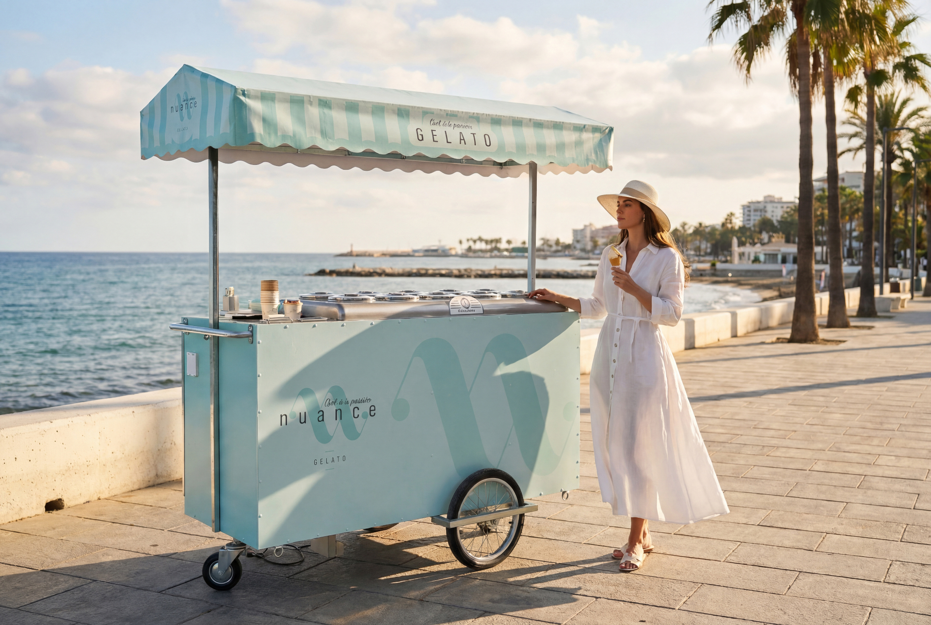Woman in white by the branded NUANCE gelato trolley on a seaside promenade