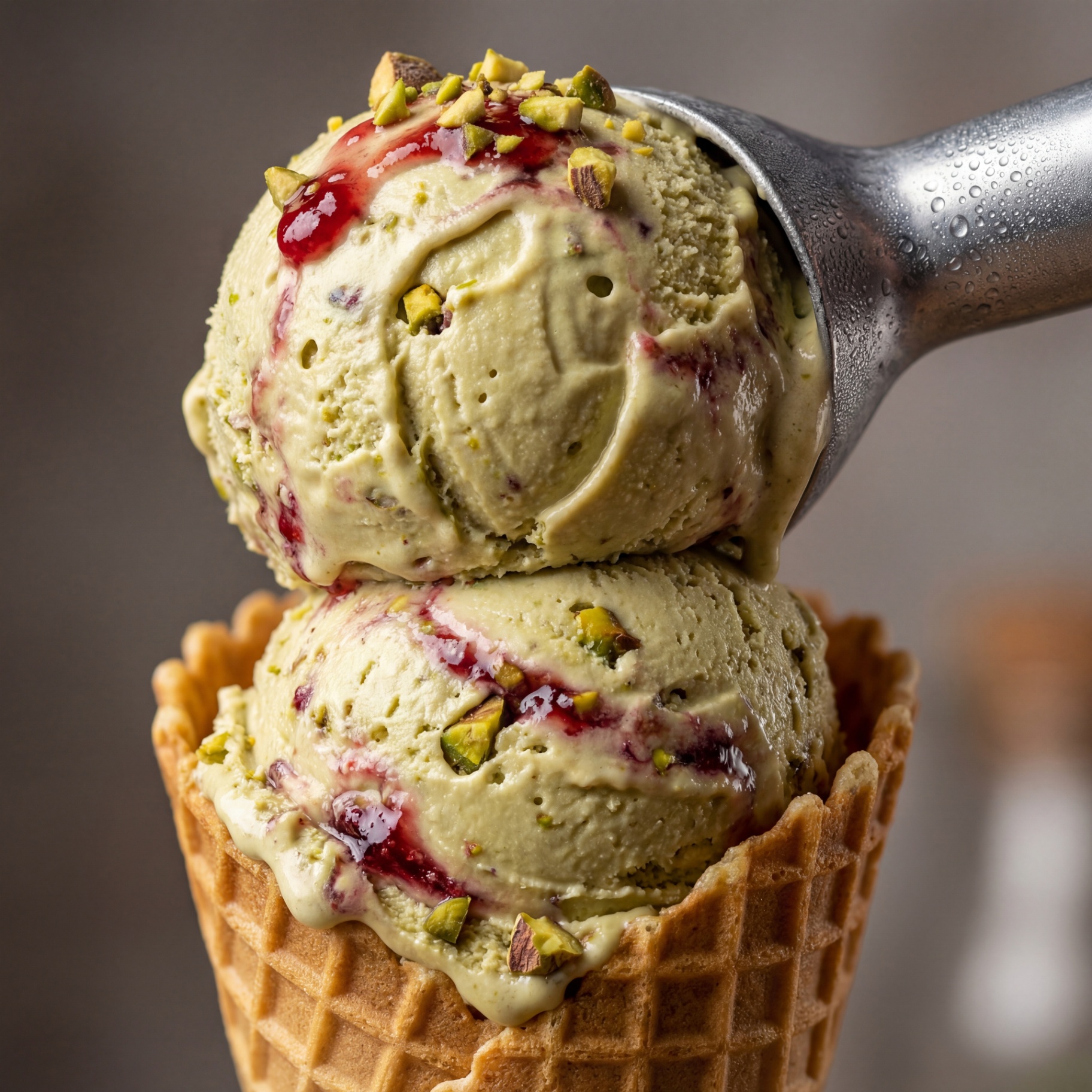 A double scoop of NUANCE pistachio gelato in a waffle cone